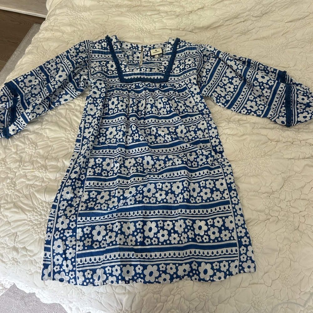 Tuckernuck blue and white floral and geometric pattern dress/ coverup in size S